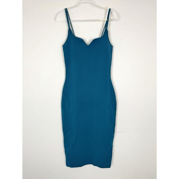 THE SEI Midi Dress Teal Peacock Blue Stretch Knit Bodycon M - Picture 1 of 13